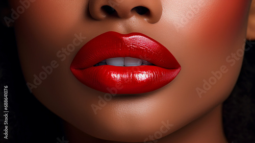 Lips with red lipstick and white teeth of a beautiful, elegant, sexy white woman with perfect skin, close-up. photo