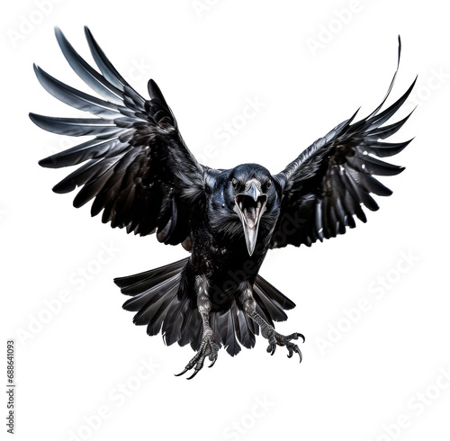 portrait of a beautiful black raven, attack pose, open beak, glossy black feathers, isolated photo