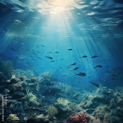 ocean underwater with fish and sun reflections , generated by AI