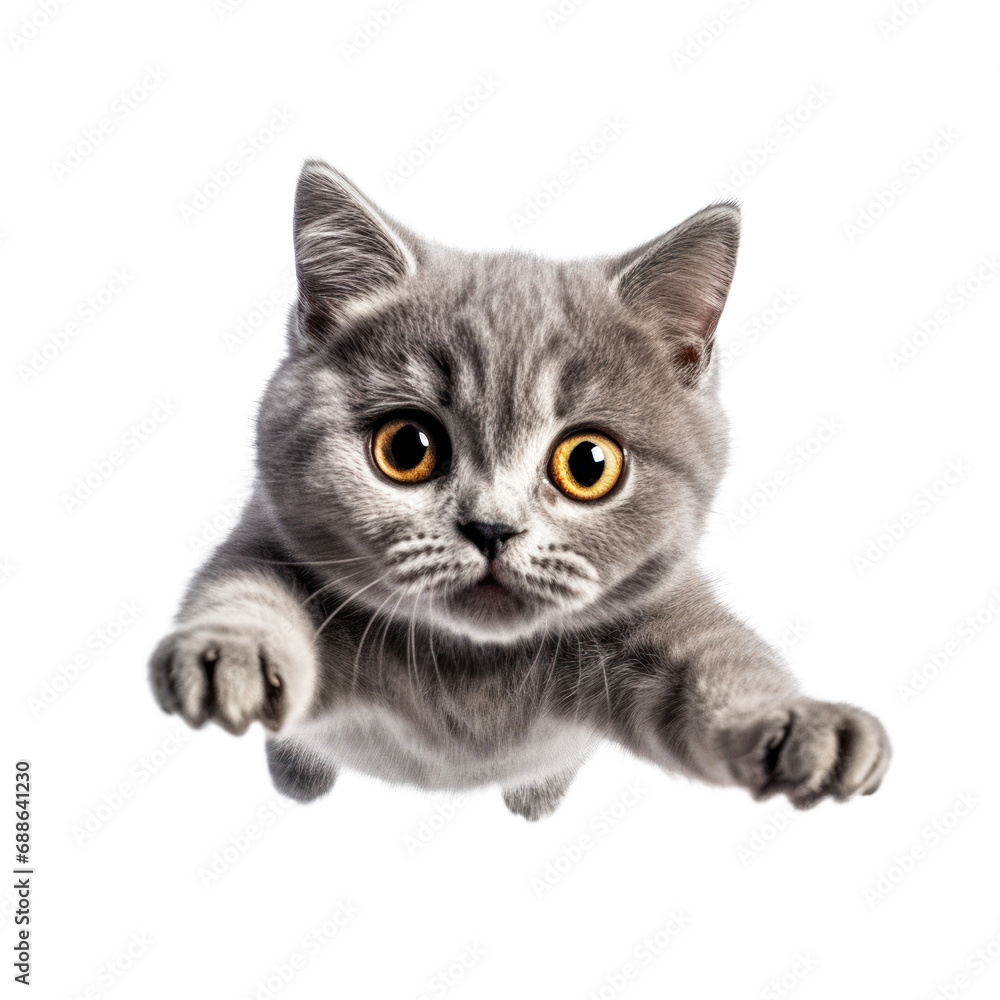 Fototapeta premium portrait cute baby British Shorthair cat, little kitten animal, jumps towards the camera, fluffy pet, isolated