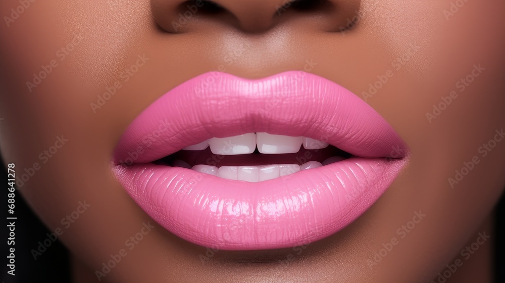 Obraz premium Lips with pink lipstick and white teeth of a beautiful, elegant, sexy African American woman with perfect dark skin, close-up.