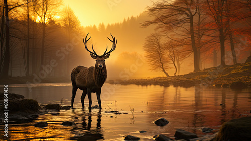 deer in the river in the sunset created with Generative AI technology
