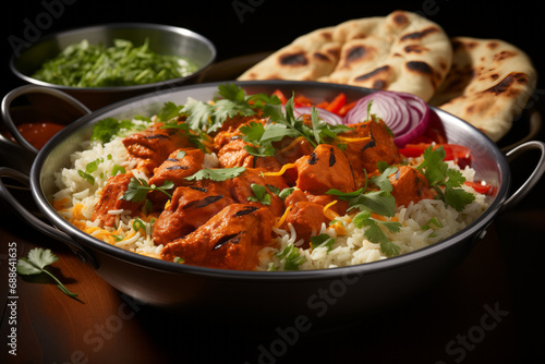 Chicken tikka masala spicy meat curry food in a plate with rice and naan bread.