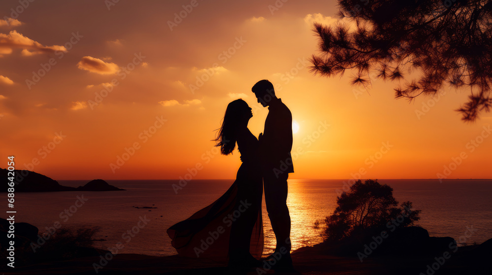 Silhouette of a young couple in love on the background of sunset