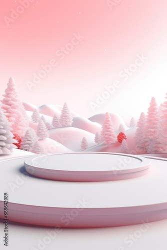 Merry Christmas banner with stage product display cylindrical shape and festive decoration for Christmas, snow background, promotion display, 3D rendering product display platform.