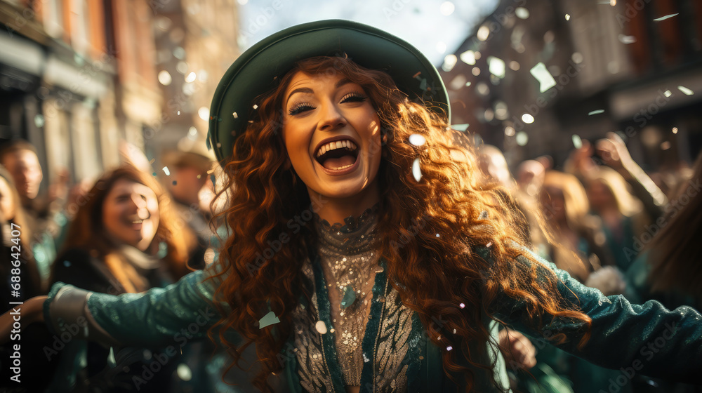 Fototapeta premium people in green costumes for St. Patrick's Day on the street of Dublin, Ireland, carnival, festival, traditional holiday, shamrock, Irish man, city, celebration, cheerful face, portrait, fun, emotion