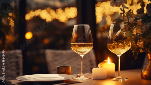 Dinner in a chic restaurant, on the terrace in the fresh air, by candlelight with a glass of champagne or wine, with beautiful glowing lights. photo