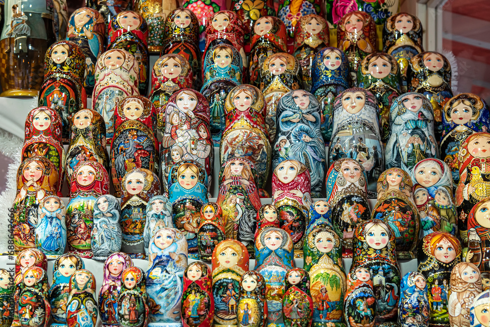 Lot of traditional Nesting dolls or Russian Matryoshka most popular souvenir from Russia