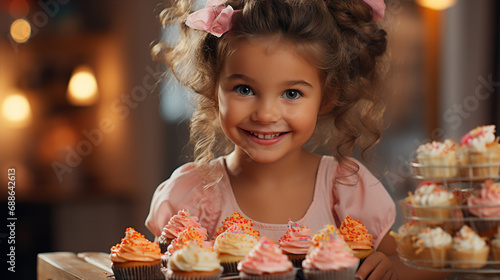 Child with a variety yummy muffins cupcakes.