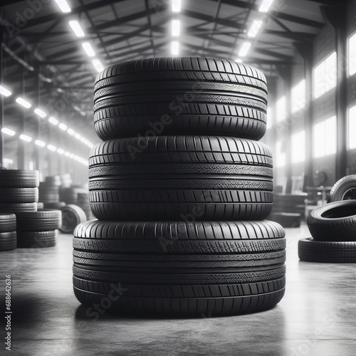 A black and white photo showcasing a pyramid stack of tires in an industrial warehouse setting. photo