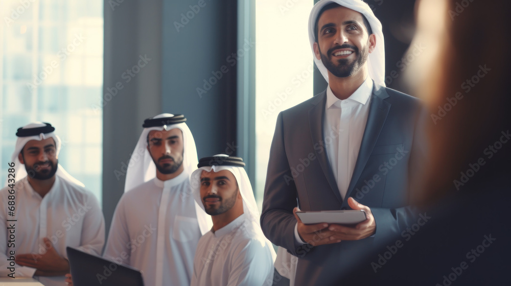 A Dubai businessman gives a clever presentation to a business partner team - obrazy, fototapety, plakaty 