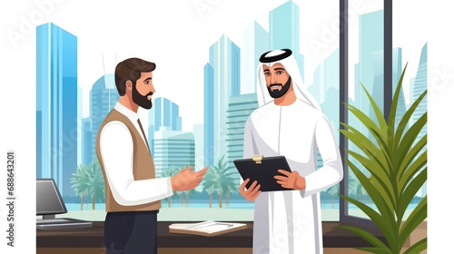 A Dubai businessman gives a clever presentation to a business partner