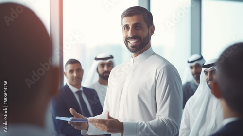 A Dubai businessman gives a clever presentation to a business partner team