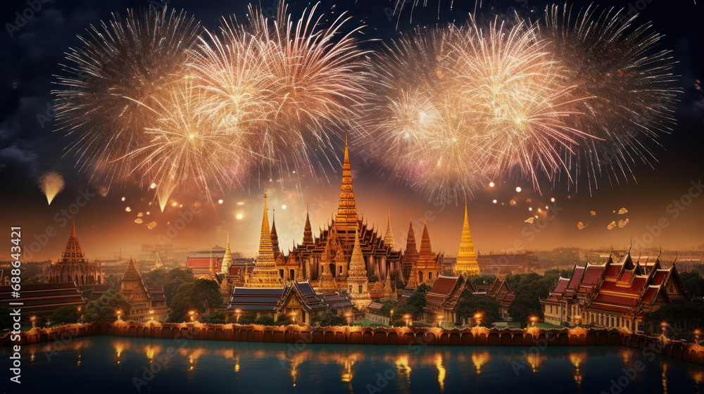 Naklejka premium Beautiful fireworks night in the city of celebration Wat Phra Kaew Bangkok, Thailand
