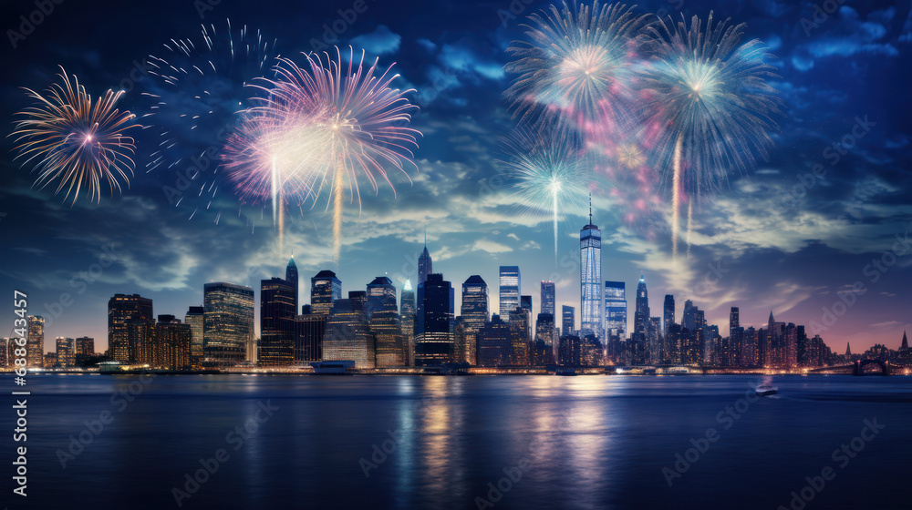 Fototapeta premium New York City Beautiful fireworks night in the city of celebration