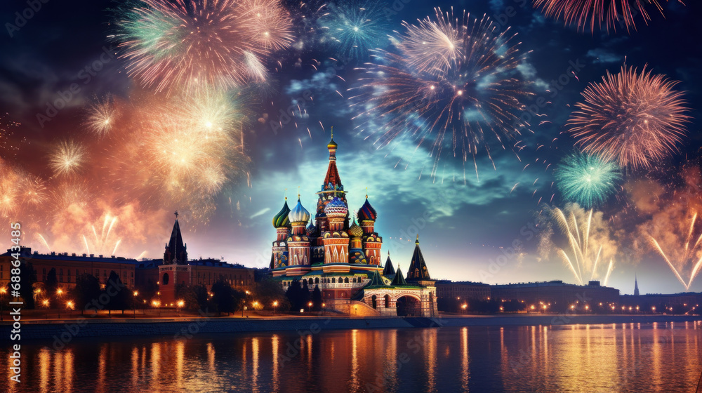 Fototapeta premium Beautiful fireworks night in the city of celebration Moscow