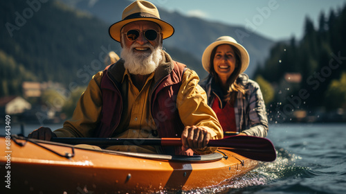 Elderly man kayaking on the water. © andranik123