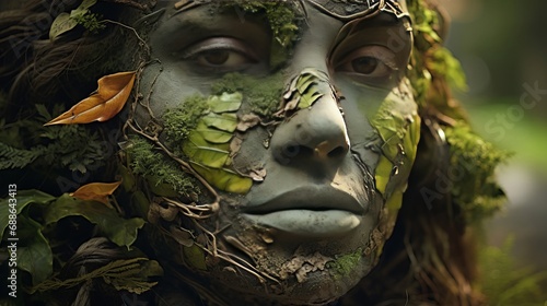 A close-up of a woman's face covered with leaves. The concept of merging with the environment. Nature with a human face