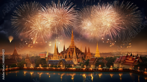 Beautiful fireworks night in the city of celebration Wat Phra Kaew Bangkok, Thailand