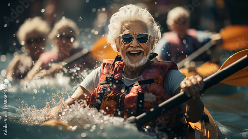 Elderly man kayaking on the water. photo