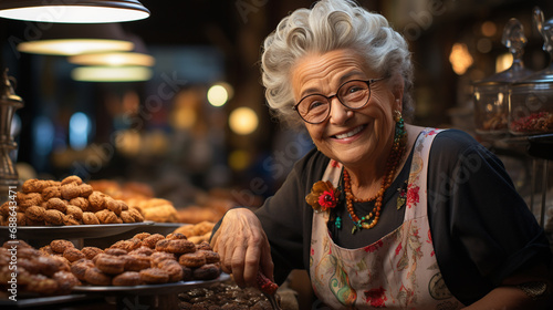 Elderly woman in a bakery shop.