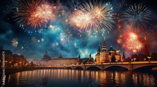 Beautiful fireworks night in the city of celebration Moscow