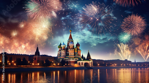 Beautiful fireworks night in the city of celebration Moscow