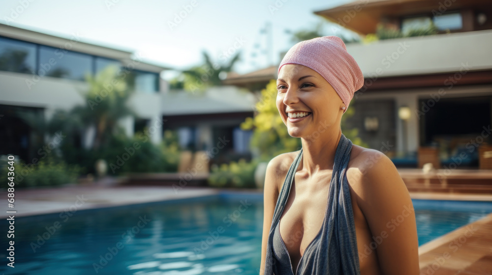 A cancer patient in swimsuit wearing hat and smiling at swimming pool
