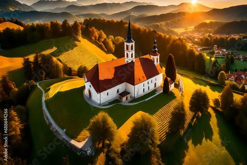 **skofja loka, slovenia - aerial panoramic view of the beautiful hilltop church of sveti to maze (saint thomas) with amazing golden sunset and the julianvalps at background at summer-- photo