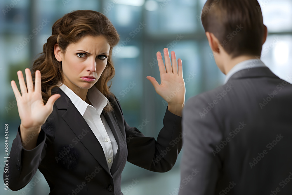 A businesswoman raising hands saying no in office. Denial, refusal, stop, disagreement and negative gesture concept at work A businesswoman raising hands saying no in office. Denial, refusal, stop, disagreement and negative gesture concept at work