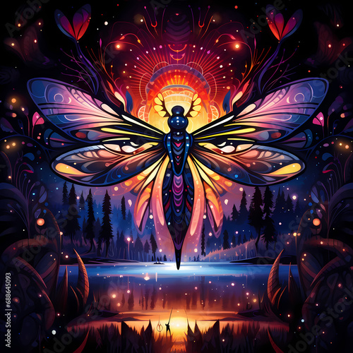 a mirage featuring chromatic tribal motifs and abstract fireflies during nightfall