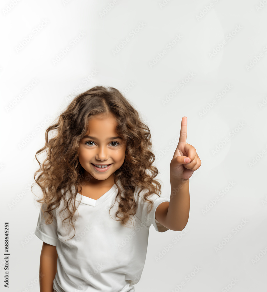smiling hispanic girl pointing her finger upwards with a gesture of successful idea, on white background smiling hispanic girl pointing her finger upwards with a gesture of successful idea, on white background