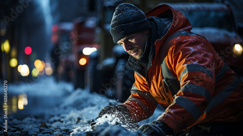 Man in street at winter.