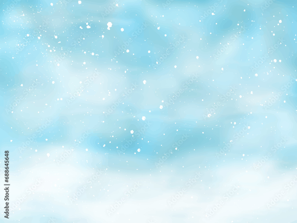 Holiday Winter background for Merry Christmas and Happy New Year. Winter blue sky with falling snow and snowflakes. Falling snow background. Vector