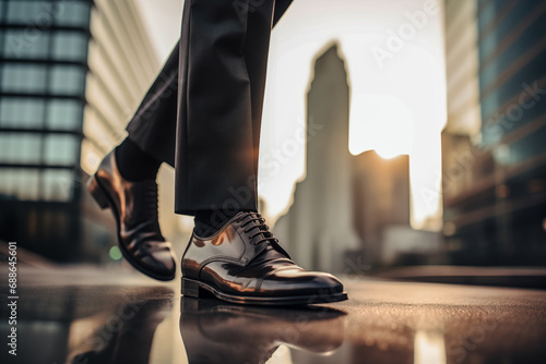 Dynamic Businessman's Polished Shoes on City Street at Sunrise. © Pics_With_Love
