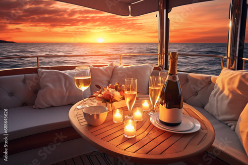 Close up of luxury evening on cruise yacht with champagne glass and bottle in background of beautiful sunset and sea. Lifestyle concept of travel and vacation.  © cwa