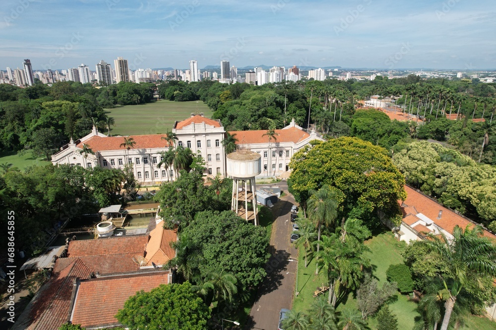 Fototapeta premium ESALQ Aerial view, with Piracicaba skyline at background, Brazil