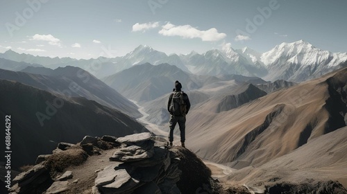 AI generated illustration of an adult man standing with arms outstretched atop a mountain peak © Wirestock