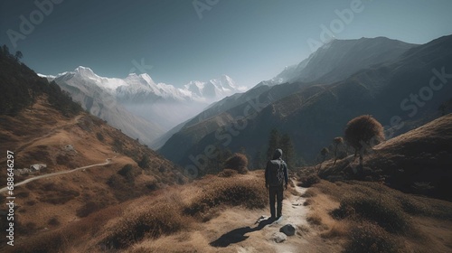 AI generated illustration of a young person enjoying a scenic hike along a mountain trail © Wirestock