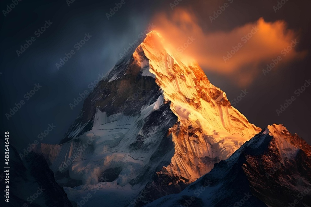 AI generated illustration of a breathtaking landscape of a snow-covered mountain