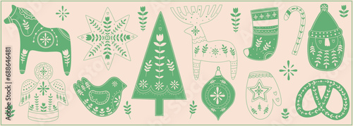 Scandinavian Christmas elements set tree, horse, candy, mitten,pretzel,sock, ball, bauble, bird,star,Santa Claus isolated green on beige background