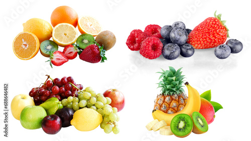 Tropical fruits for a good breakfast and lunch. Coconut, watermelon, apple, peach, banana, pineapple, blueberry, strawberry, pear, cherry and kiwi. Transparent background. Resource in png.