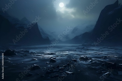 AI generated illustration of a nighttime landscape featuring a mountain range under a starry sky © Wirestock