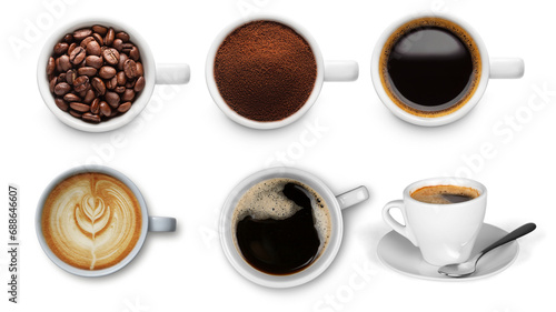 White cups with black coffee. View from above. Transparent background. Resource in png.