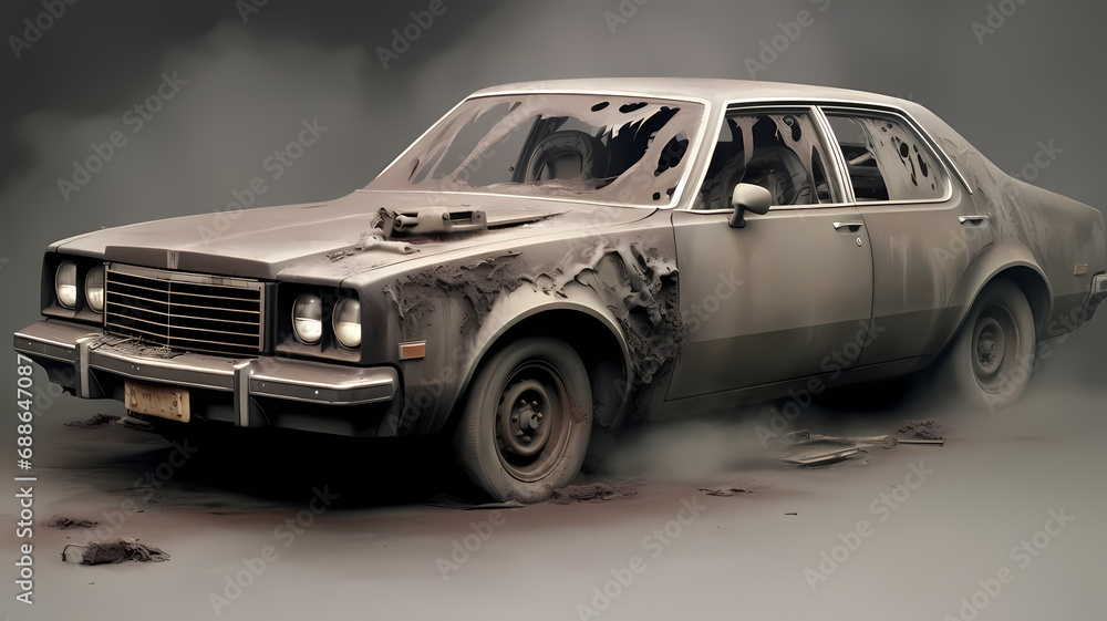 black and white image of a car, in an explosion of smoke, on a black background	
