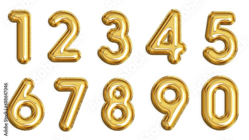 Golden balloons in the shape of numbers from 0 to 9. Transparent background. Resource in png.