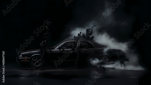 black and white image of a car, in an explosion of smoke, on a black background 