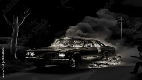 black and white image of a car  in an explosion of smoke  on a black background  