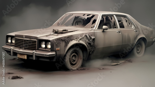 black and white image of a car, in an explosion of smoke, on a black background 