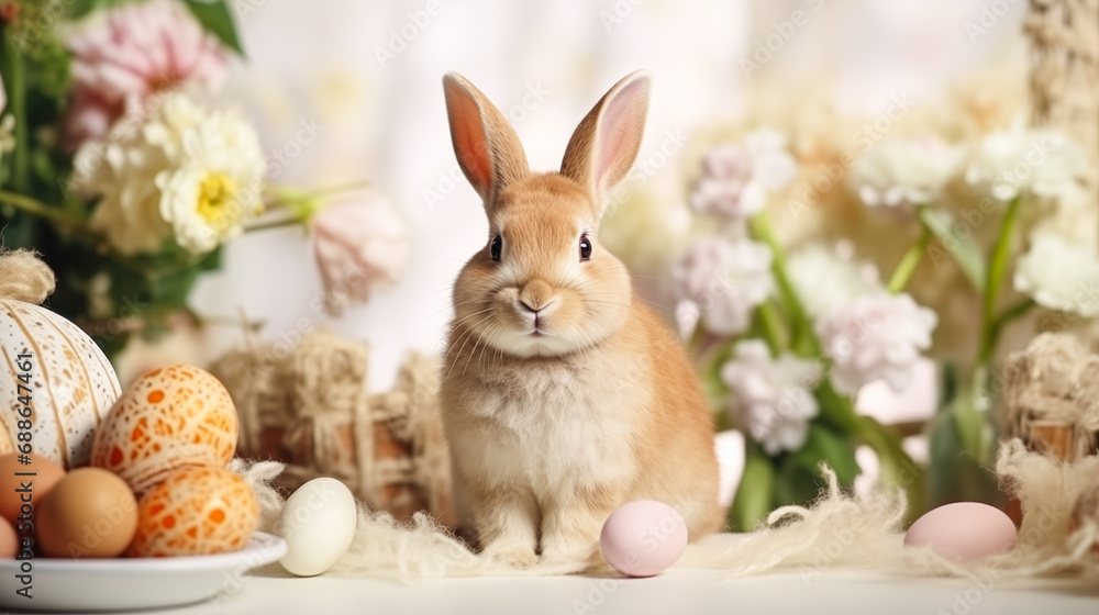 Obraz premium Cute Easter rabbit with decorated eggs and spring flowers on festive table. Little bunny in tender Easter composition. Happy Easter greeting card, banner, border, poster